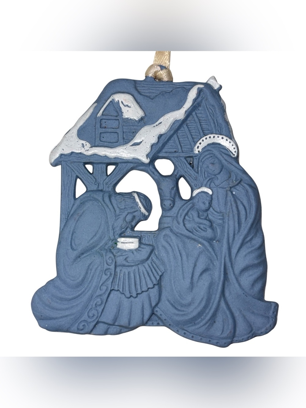 Wedgwood Blue Jasperware Nativity Christmas Manger- Blue Ornament Retired 2.75"